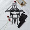 Embroidered Mesh Patchwork PU Leather Sexy Underwire Bra Garter Belt Panty Stockings See Through Sexy Black Lingerie Set 4 Piece