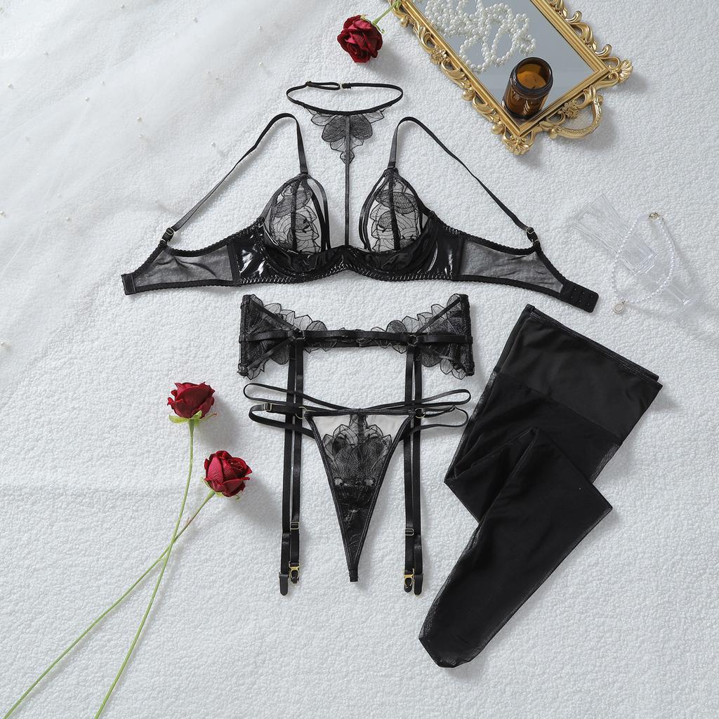 Embroidered Mesh Patchwork PU Leather Sexy Underwire Bra Garter Belt Panty Stockings See Through Sexy Black Lingerie Set 4 Piece