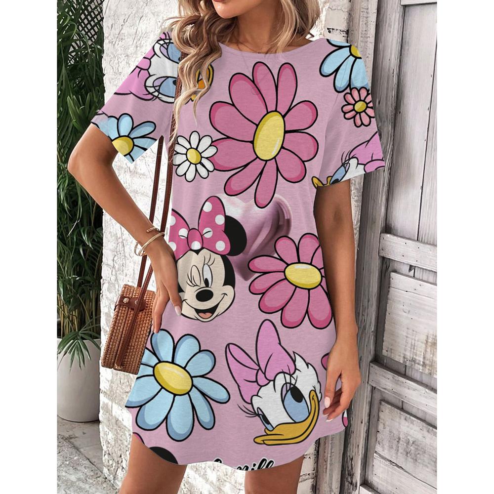 Женское летнее платье Disney Микки Маус Весна Круглый вырез Короткий рукав Свободная талия Платье с оборками