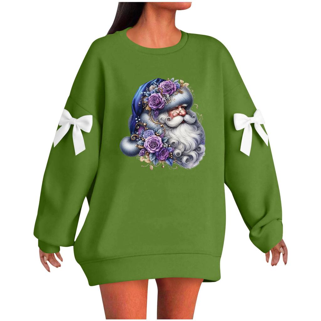 Ladies' Christmas Printed Bow Round Neck Long Sleeved Loose Pullover Sweater Sweatshirt Top