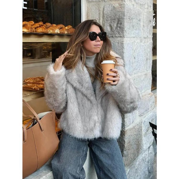 Women Fashion Cropped Faux Fur Jacket Coat Long Sleeve Front Snap-button Female Outerwear Chic Lapel Collar Thick Coat
