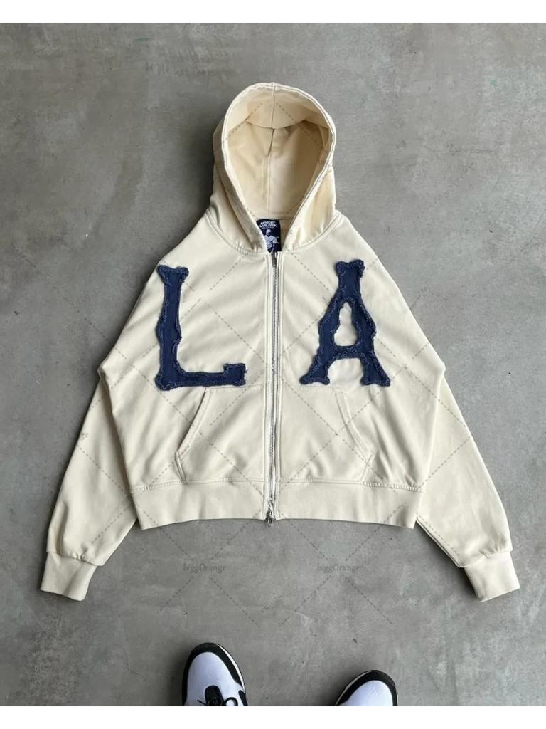 ZYLLO Y2k Harajuku Retro Trendy Brand Letter Embroidery Oversized Swetshirt Women High Street Fashion Loose Zipper Hoodie