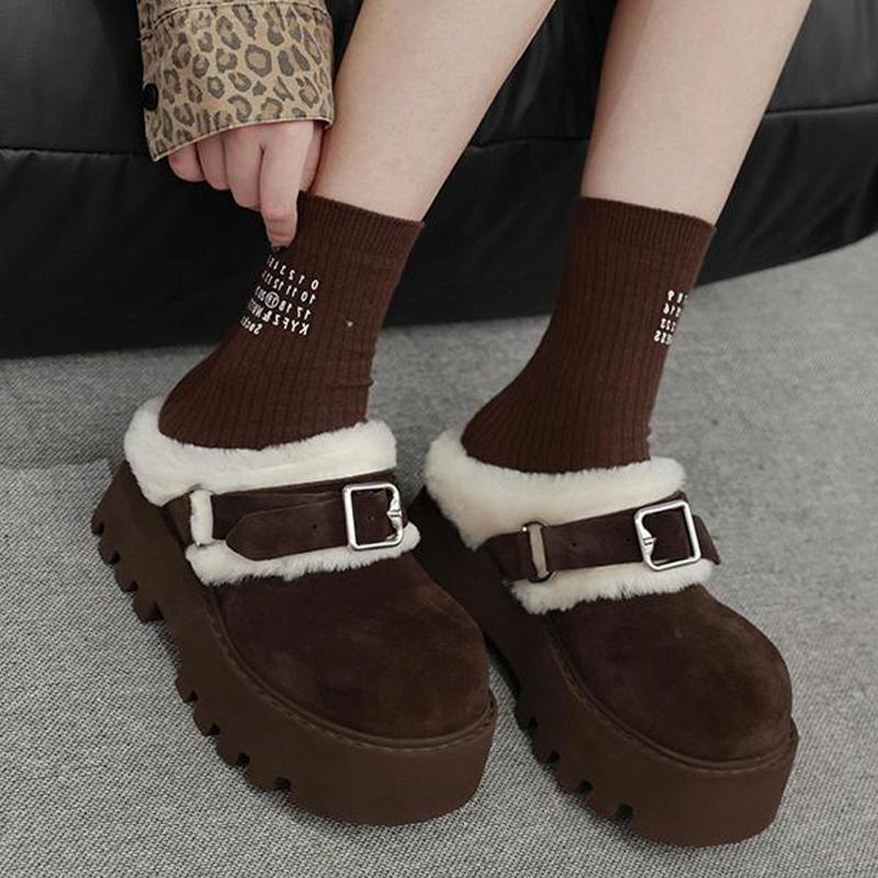 Fur Platform Women Cotton Slippers Suede Short Plush High Heels Mules Shoes 2025 Trend Warm Casual Buckle Winter Botas De Mujer
