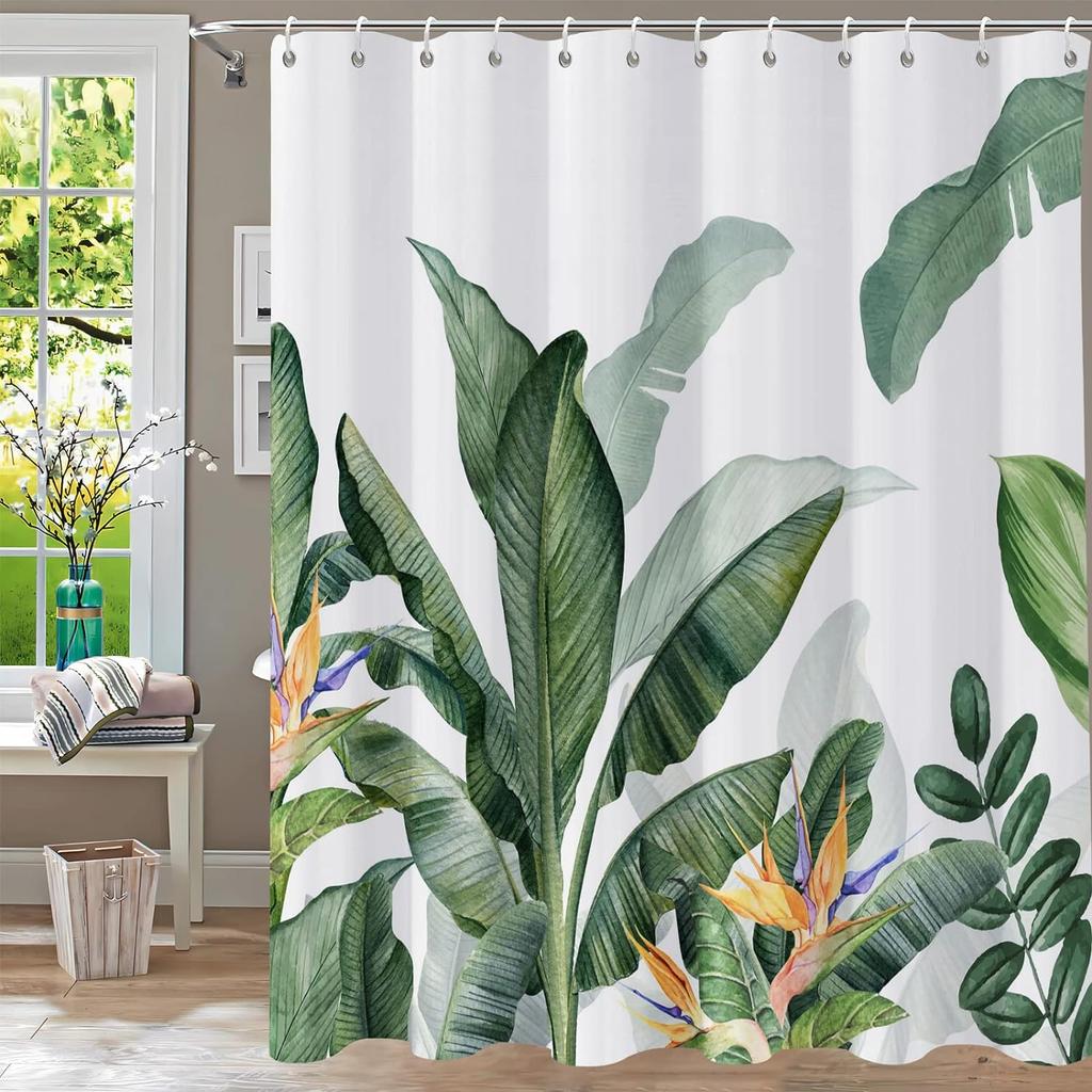 Tropical Green Leaves Plant On White Background Odorless Shower Curtains for Bathroom Showers and Bathtubs Decor with Hooks