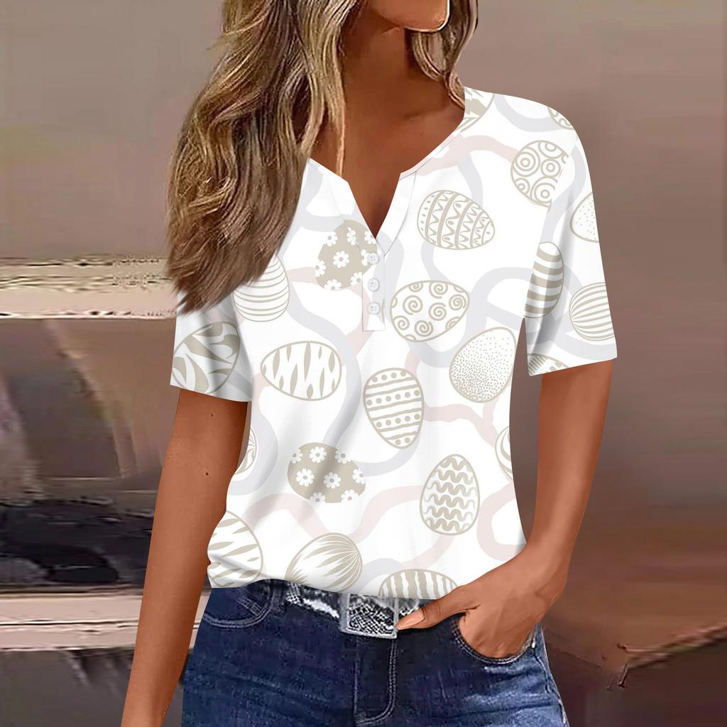 Women's Casual Print V-Neck Short Sleeve Decorative Button T-Shirt Top