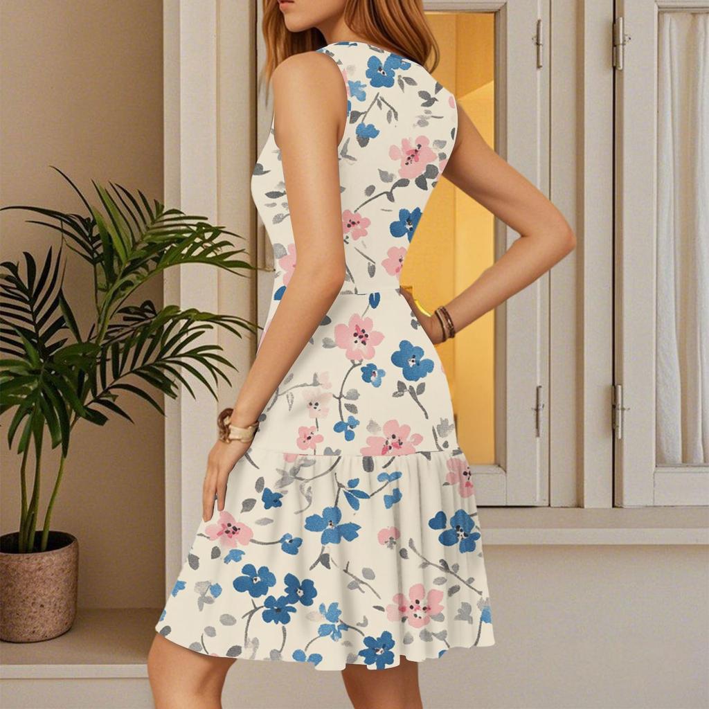 Women's Dress V-neck Sleeveless Casual Floral Print Hem Pleated Dress