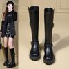 Ботинки Женские Весенне-Осенние Новые Толстый Каблук Толстая Подошва Маленький Человек Узкие Но До Колена Западные Рыцарские Ботинки