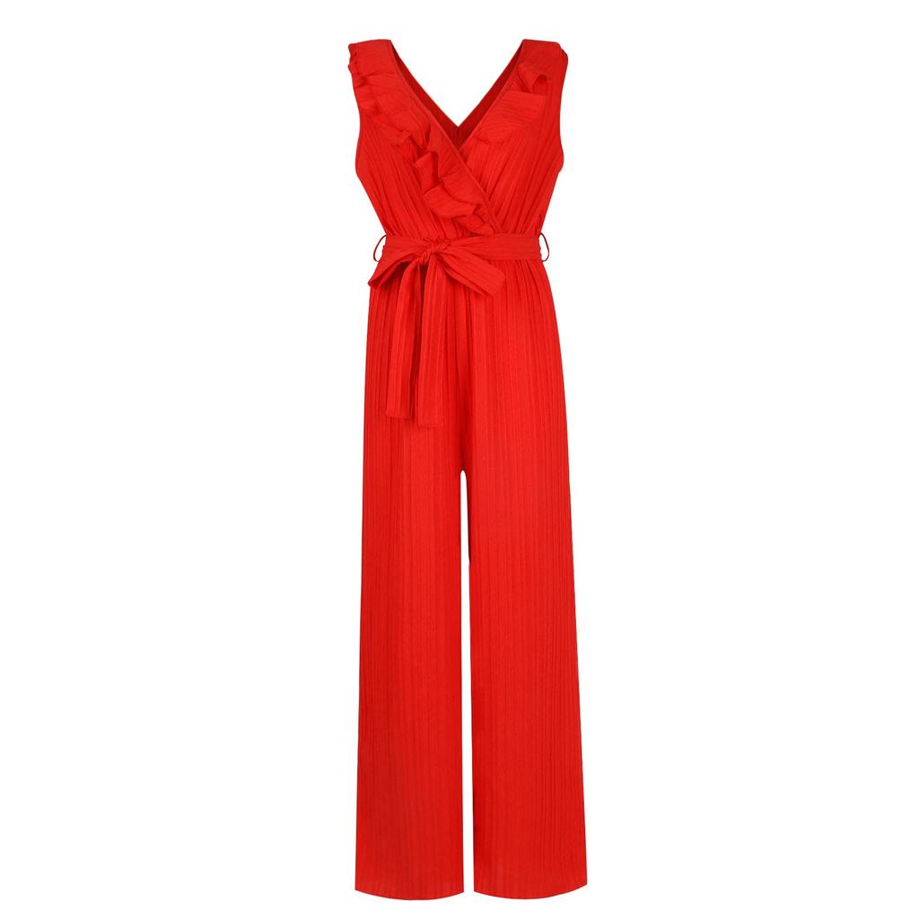 Summer Women's Ruffled Sleeveless V-neck Belt Wide Leg Straight Casual Pants Women's Jumpsuit