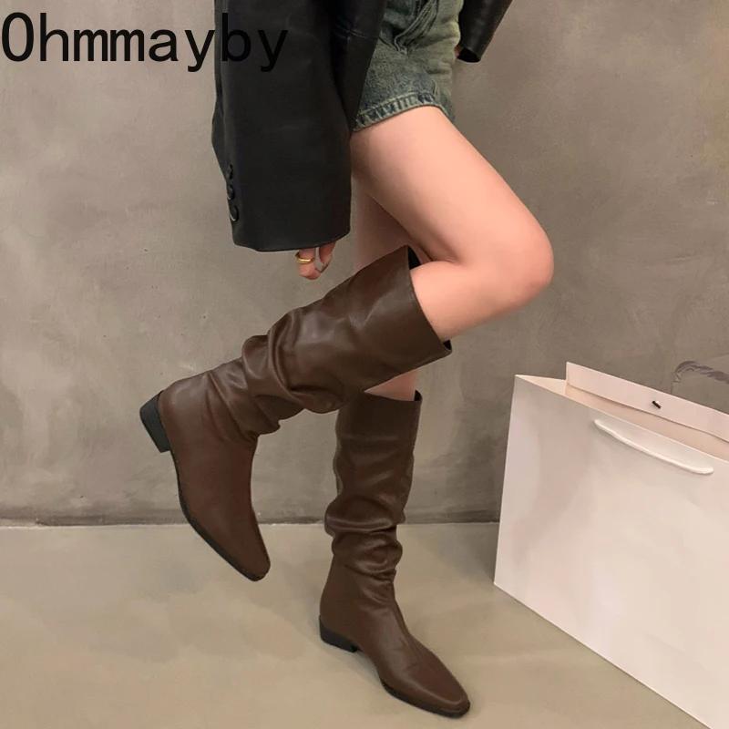 Мода тонкие женские сапоги до колена модные длинные ботильоны с завязками на квадратном каблуке осенне-зимняя обувь