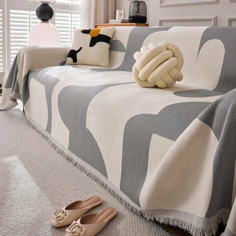 Boho Jacquard Chenille Sofa Towel with Tassels Double-side, for Living Room Camping Picnic Large Blanket Leisure Relax Beach