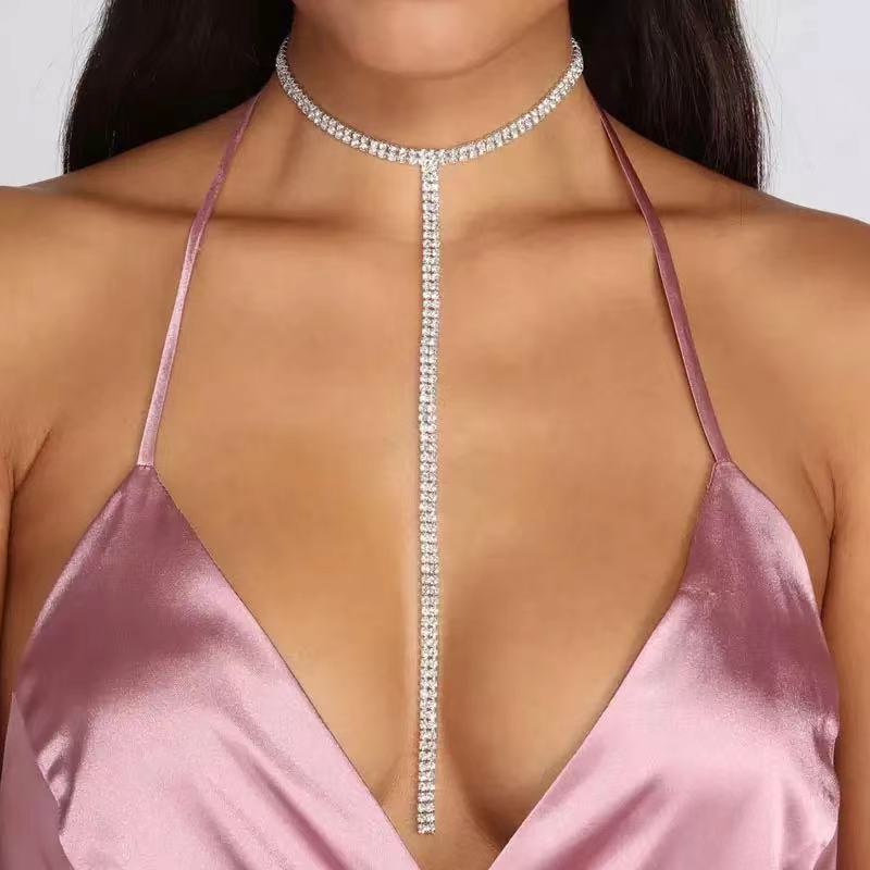 European And American Simple, Fashionable And Sexy Diamond-Encrusted Necklace Body Chain For Women, Beach Bikini Rhinestone Body Jewelry