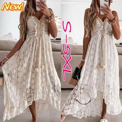 Новое летнее женское модное платье без рукавов с цветочным принтом, женское богемное пляжное платье, кружевное длинное платье с рюшами, платье на подтяжках