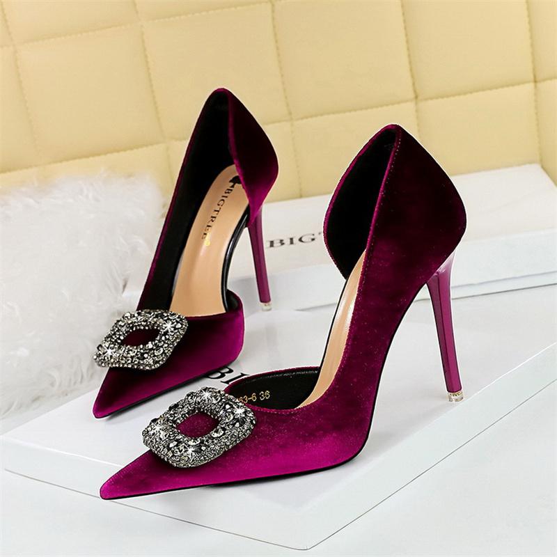 Fashion Women Super High Heels Velvet Pumps Shallow Mouth Pointed Toe Side Hollow Mental Rhinestone Crystal Buckle Purple Shoes