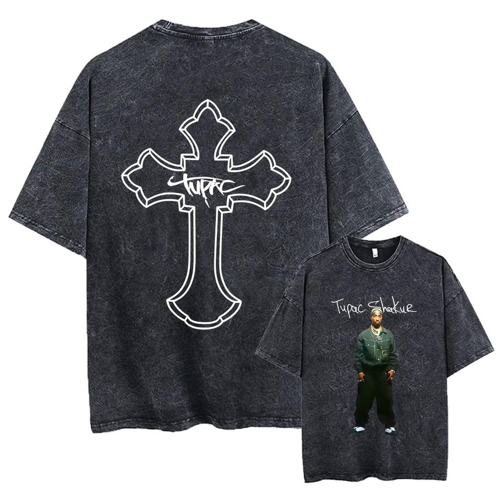 Футболка мужская Tupac 2pac All Eyez on Me Cross Винтажная стираная Хип-хоп Мода Ретро Футболка Мужская Повседневная Оверсайз Футболки