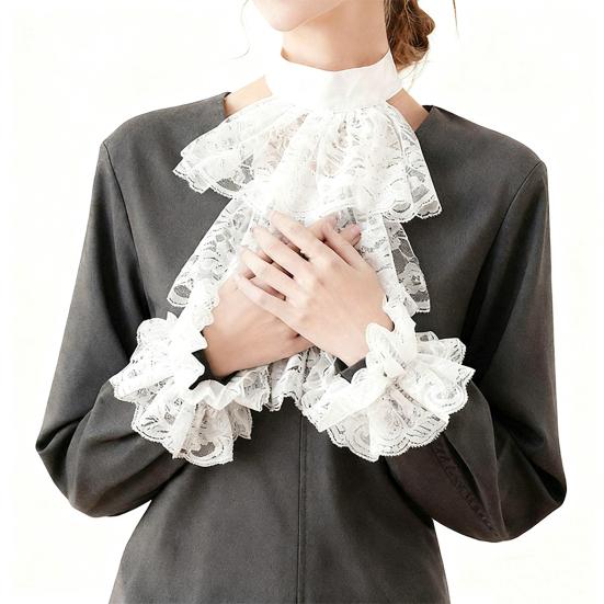 Ruffle Collar And Cuffs Clown Ruffle Collar White Black Lace Jabot Retro Victorian Collar for Cosplay Halloween Costume Party Accessory