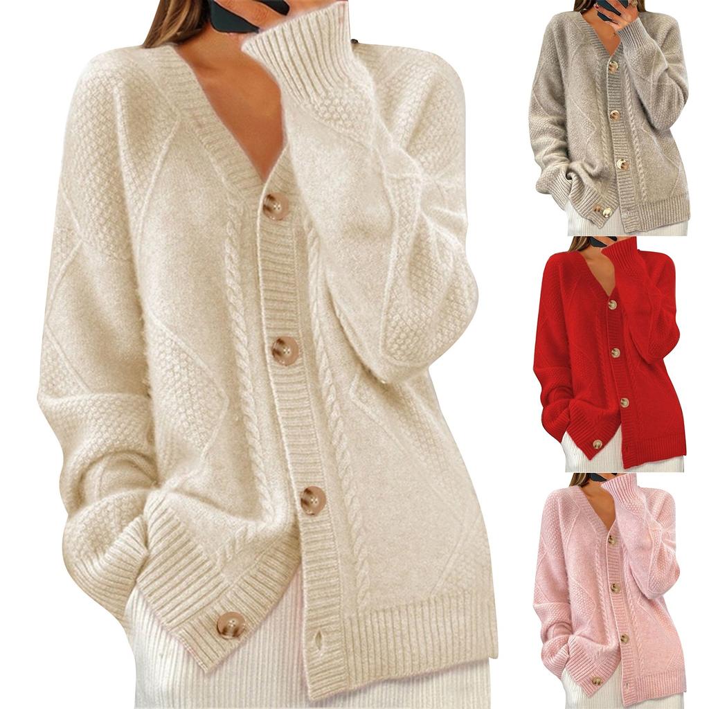 Women's Fashion Solid Color Long Sleeve V-Neck Knit Cardigan Button Sweater Jacket