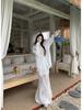 Korean Lace Long-Sleeved Shirt with Suspenders & White Fishtail Maxi Skirt - Women's Three-Piece Set for Spring/Summer 2025