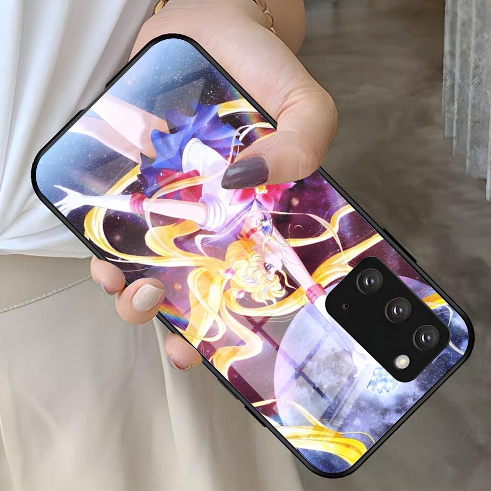 Чехол для телефона с аниме-персонажами S-Sailor M-Moon для Samsung S25 S24 FE S23 S22 S21 Plus S20 Ultra Note20Ultra Черная стеклянная крышка