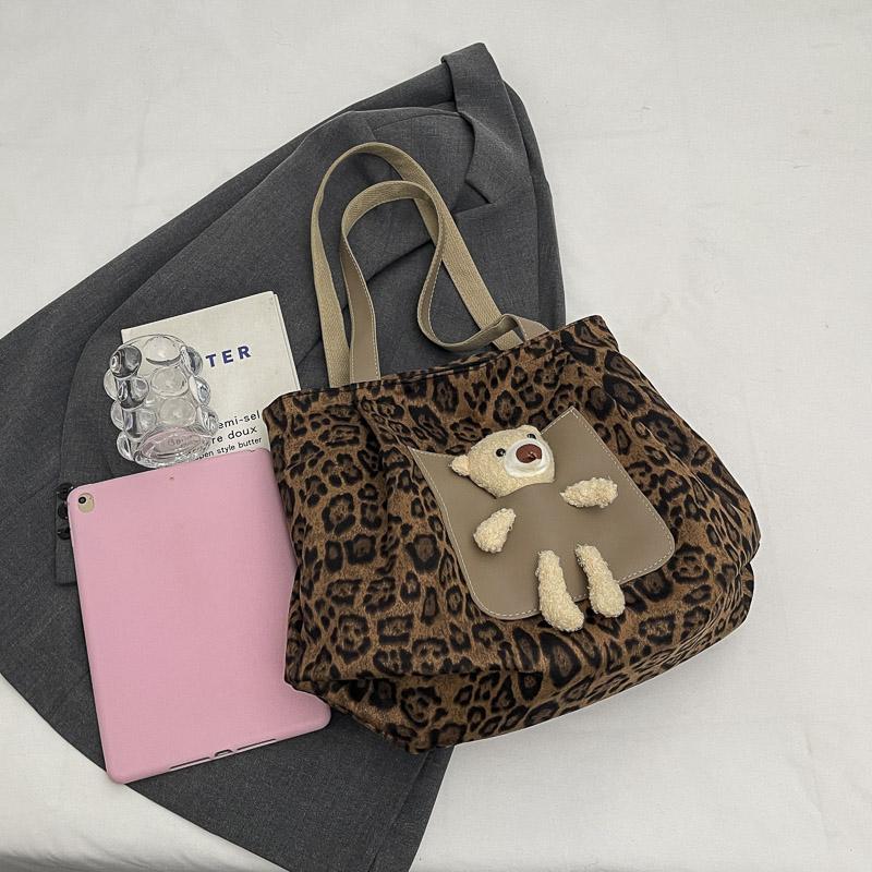 Винтажная леопардовая сумка-тоут большой емкости с принтом медведя через плечо для женщин