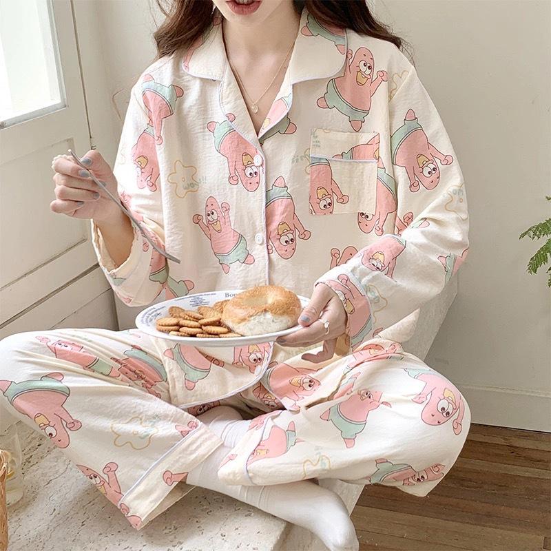 Пижамный комплект из хлопка «Облако» для женщин: Кардиган свободного кроя с длинным рукавом и милыми лацканами в студенческом стиле на весну и осень