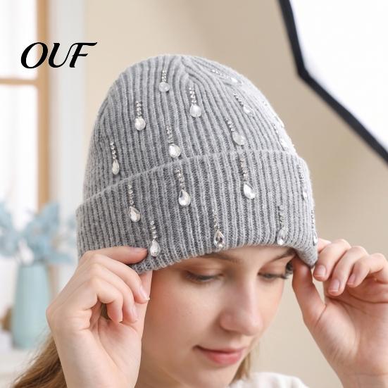 Winter Hat for Women Waterdrop Rhinestone Knit Hat, Bling Stretchy Cuffed Knitted Casual Warm Hats Girls Skull Cap Men Cold Weather Daily Wear
