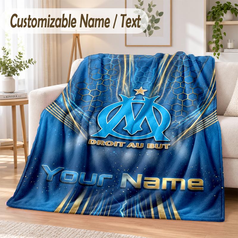 Custom Text Flannel Blanket Olympique Marseille FC Print Warm Cozy Blanket Home Sofa Bedding