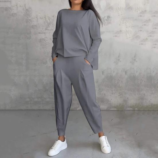 2 Pcs/Set Fall Spring Women Top Pants Set Long Sleeves O Neck T-shirt Elastic Waist Trousers with Side Pockets OL Commuting Sport Pantsuit Outfit