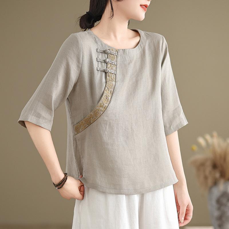 Футболка однотонная с вышивкой в китайском стиле, женская рубашка свободного кроя с короткими рукавами в стиле ретро