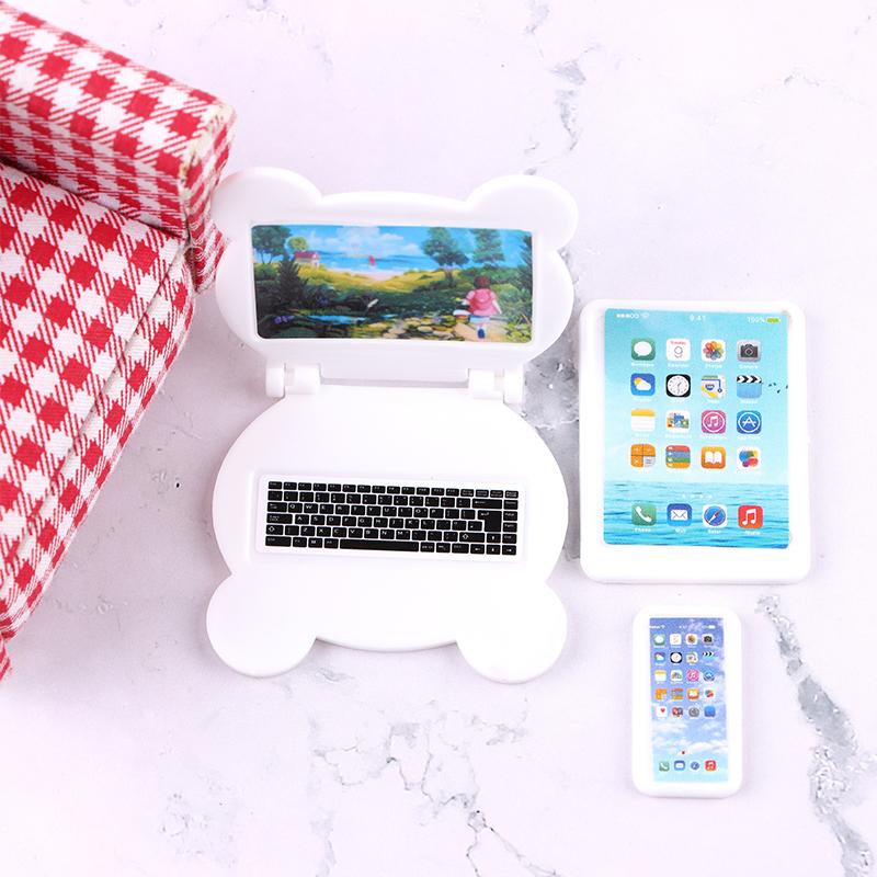 3Pcs/Set 1:12 Dollhouse Miniature Folding Laptop Model Computer Tablet Phone Set Doll House Office Scene Home Decor Toy