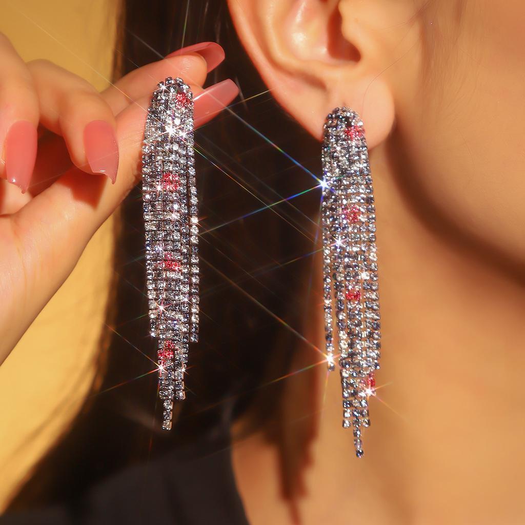 Colored Shiny Rhinestone Long Fringed Earrings