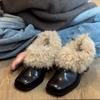 Версия из коровьей кожи~ Квадратный носок, пушистые туфли на флисе для тепла, ретро Мэри Джейн, маленькие кожаные туфли, толстый каблук, одинарные туфли, темпераментные туфли на высоком каблуке