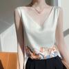 Летний новый костюм с V-образным вырезом, на бретелях, с свободной печатью, топ из атласа без рукавов с подкладкой сзади