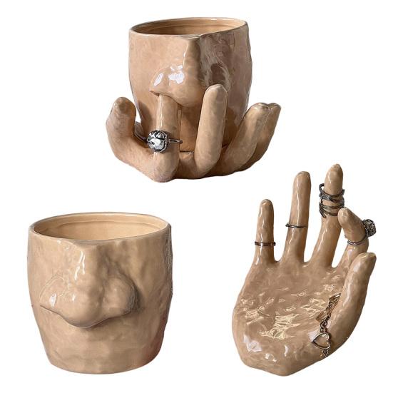 Кружка для ковыряния в носу Смешная кружка-нос с ручкой-пальцем Керамическая чашка для хранения с рельефной ручкой-ладонью Подставка для колец для украшения дома и офиса Подарок