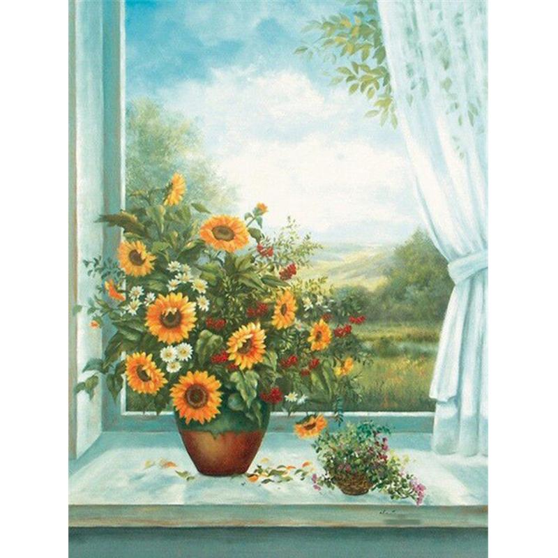 5D Алмазная картина Сиреневая вышивка Подсолнух Мозаика Дейзи Вышивка крестом Окно Домашнее искусство Настенный декор