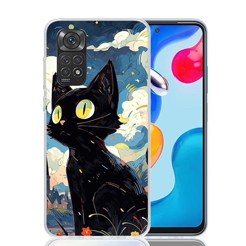 Аниме Милый Черный Кот Мяу Чехол Для Телефона Для Xiaomi Redmi Note 15 14 13 12S 12 Pro Plus 11S 11E 11 11T 10S 10 Арт Мягкий Чехол С Рисунком