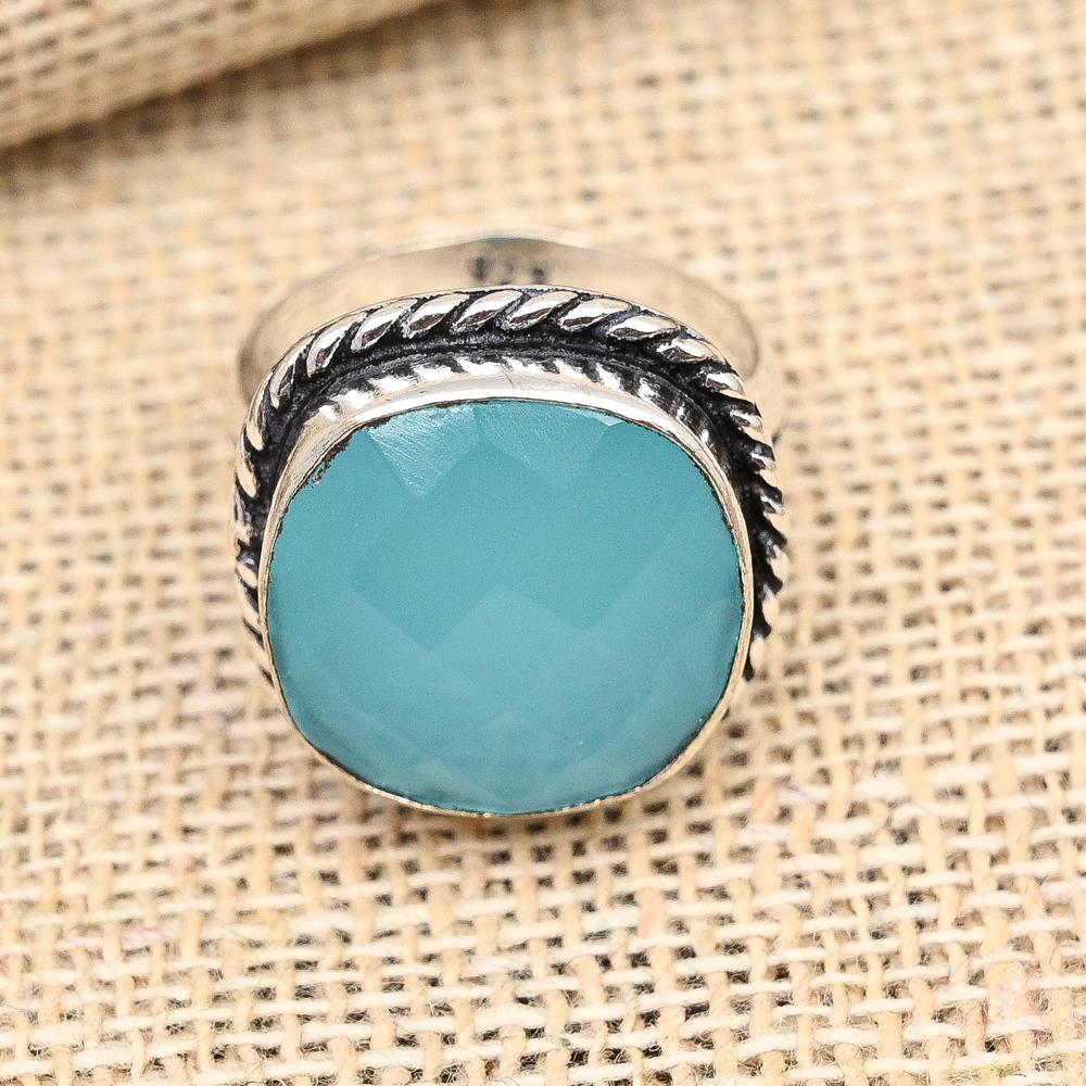 Aqua Chalcedony Gemstone Handmade Solid 925 Sterling Silver Ring Jewelry