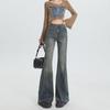 Women's High-Waist Raw-Edge Flared Jeans - Retro American Style, Wide-Leg, Floor-Length, for Autumn and Winter.