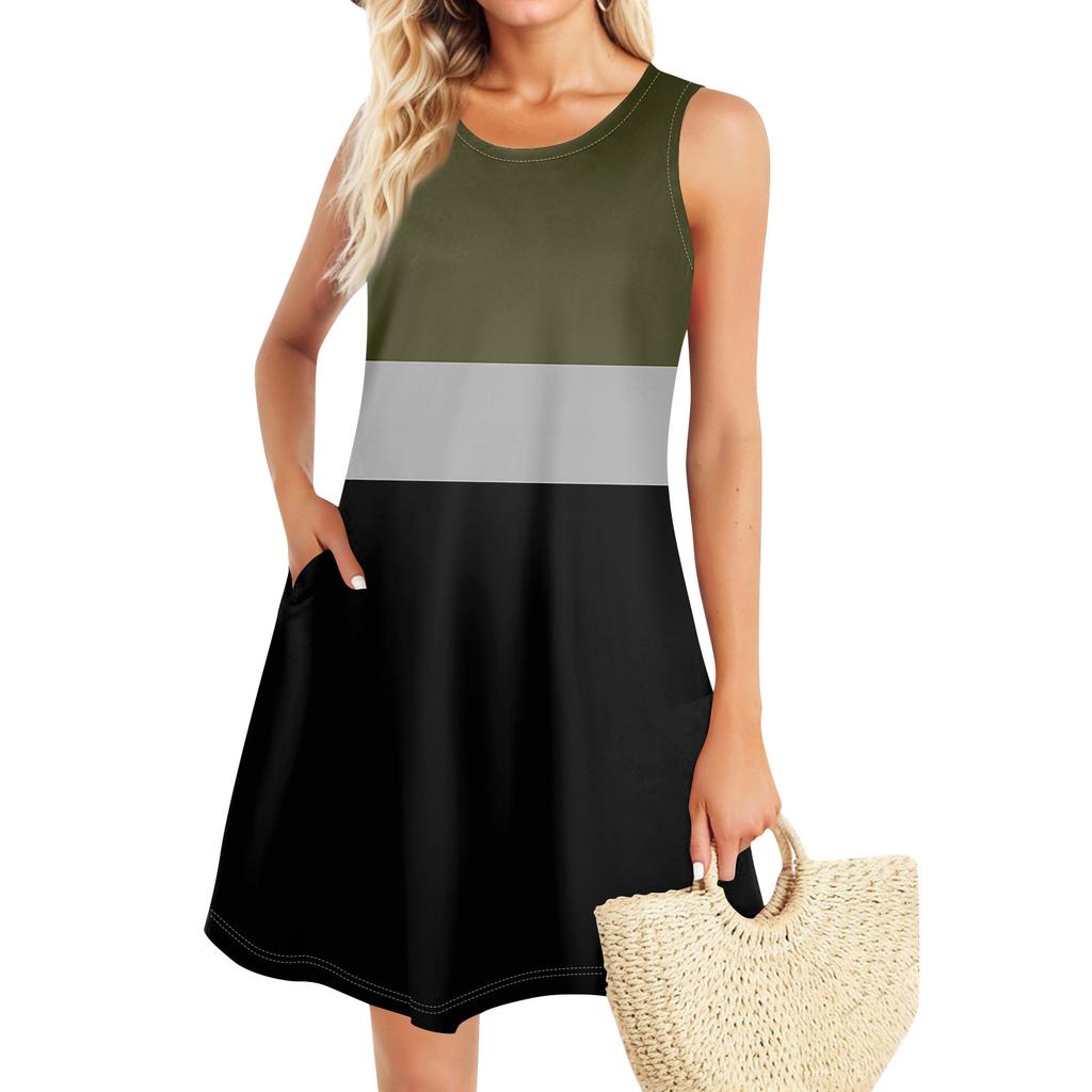 Summer Dresses For Women Beach Boho Sleeveless Vintage Printing Flowy Pocket Tshirt Tank Sundresses