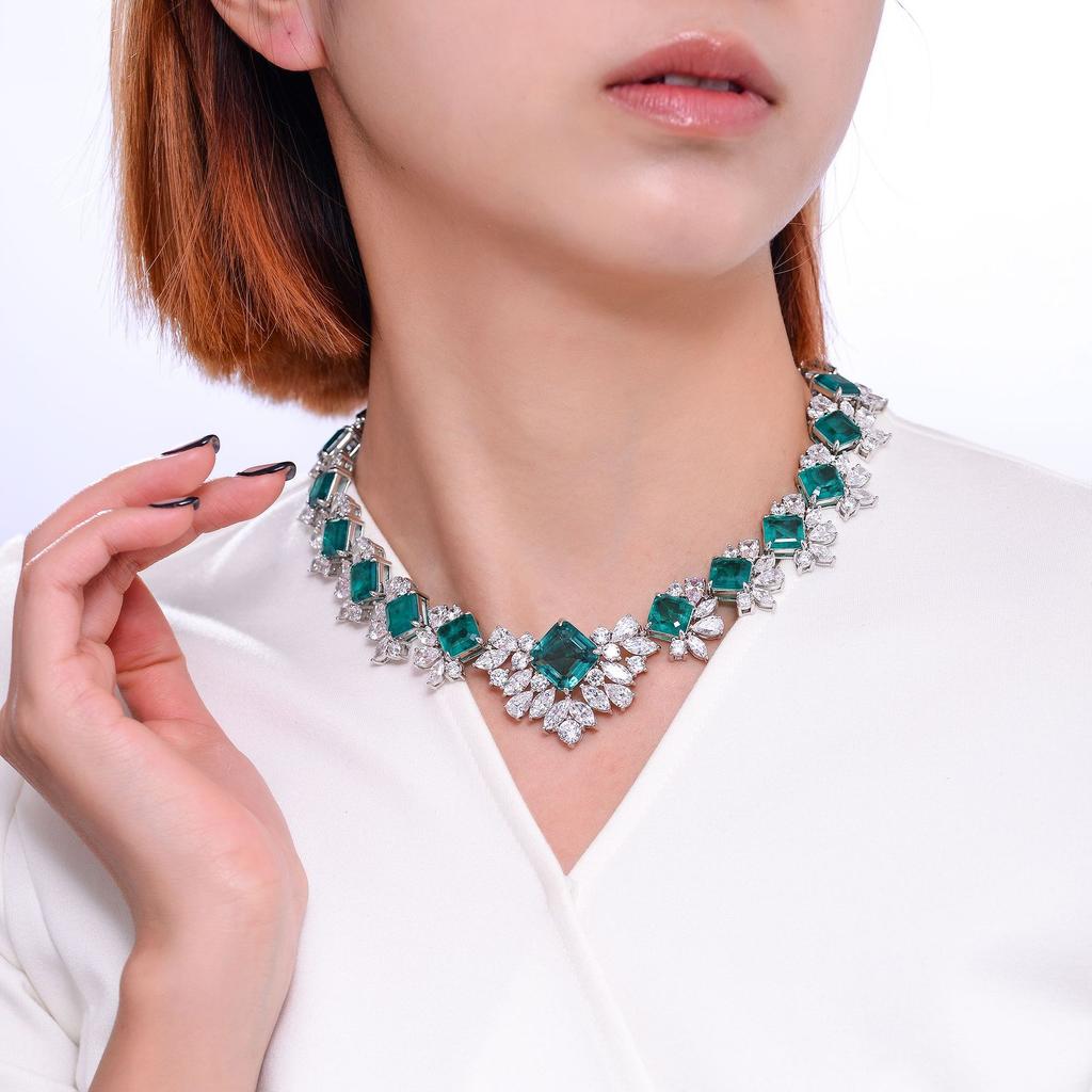 Роскошное банкетное большое ожерелье, нерегулярная имитация изумруда, полный бриллиант, серебряное 925 пробы, вечернее платье, ожерелье