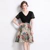 Summer Women V-neck Short Sleeve Vintage Jacquard Flower Lace Patchwork Party Dresses with Belt