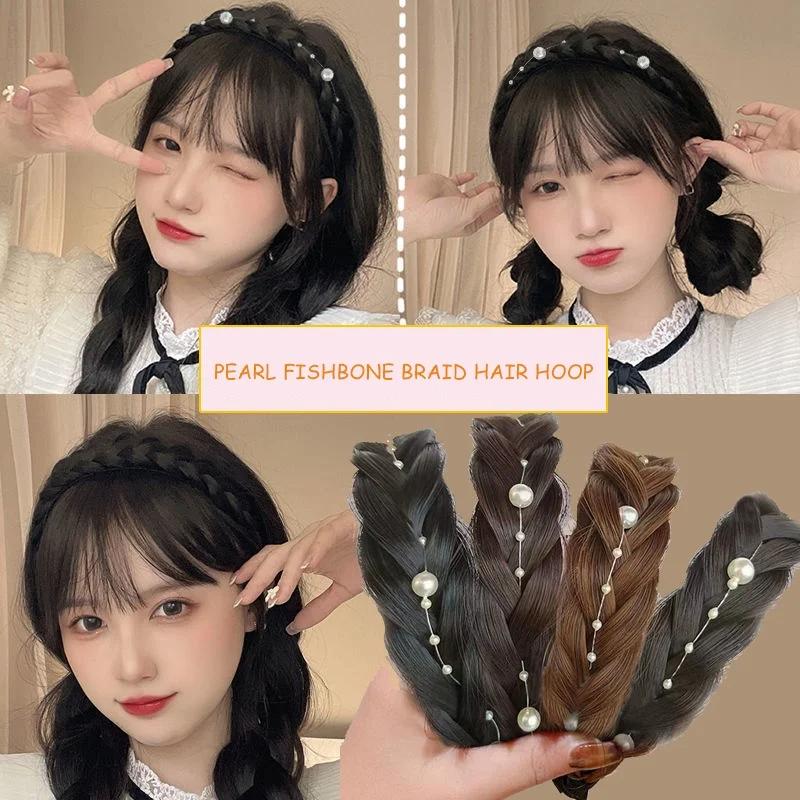 Pearl Hoop Hair Band Women Fishbone Braid Fake Wigs Headband Upgrade Temperament Twist Non-slip Hairband Hair Accessories
