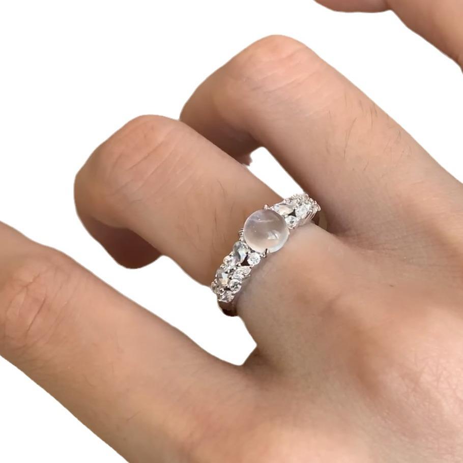 Chinese Ice Type Ice-Permeable Chalcedony Pigeon Egg Opening Ring, Water Foam Jade Cold Feeling Full Of Diamonds, Exquisite Super Flash Ring