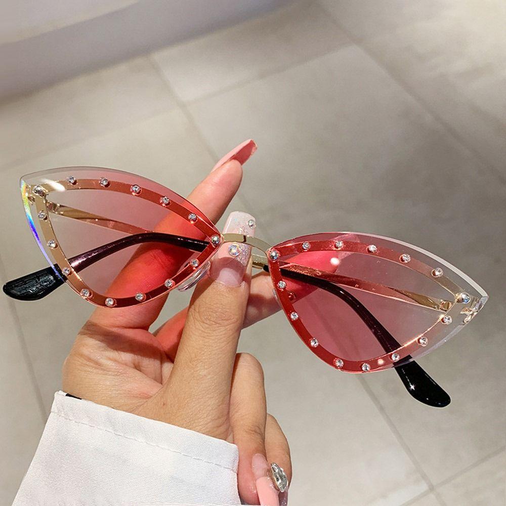 Multicolor Cat Eye Sunglasses Gradient Rhinestones Eyewear Vintage Rimless Shades for Women & Men