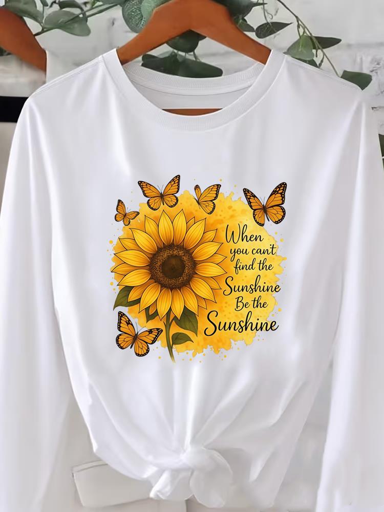 (Азиатский размер) Футболка с длинным рукавом Футболка с круглым вырезом Принт осень зима весна Женский тренд Цветочный тренд Одежда Повседневная Мода Топ Графические футболки