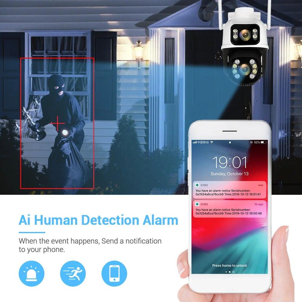 8МП 4K PTZ Wi-Fi камера с двумя объективами и двумя экранами, с ИИ обнаружением человека, автоматическим слежением, беспроводная уличная камера видеонаблюдения