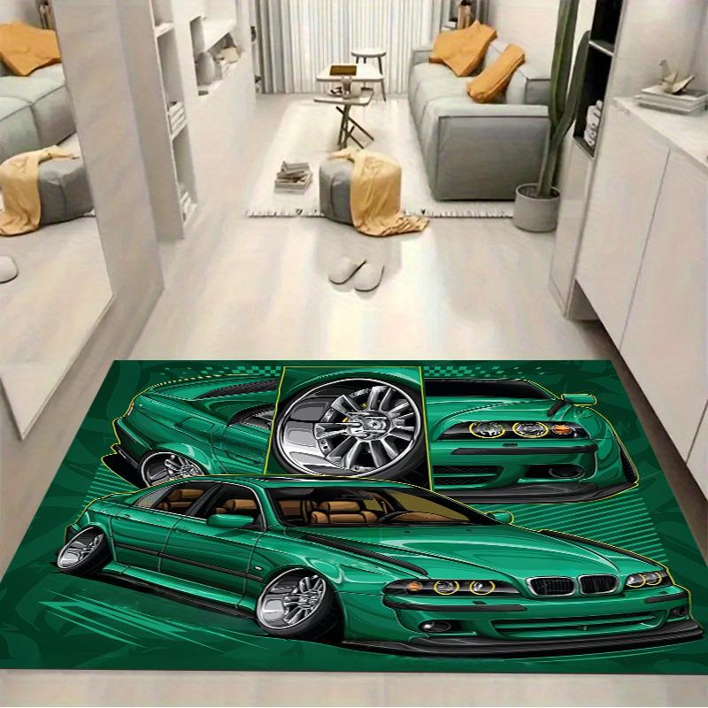 Green Classic Tuner Sedan Comic Split Print Area Rug Non‑Slip Rectangular Floor Mat Modified Car Fan Decor for Gaming Bedroom Living Room
