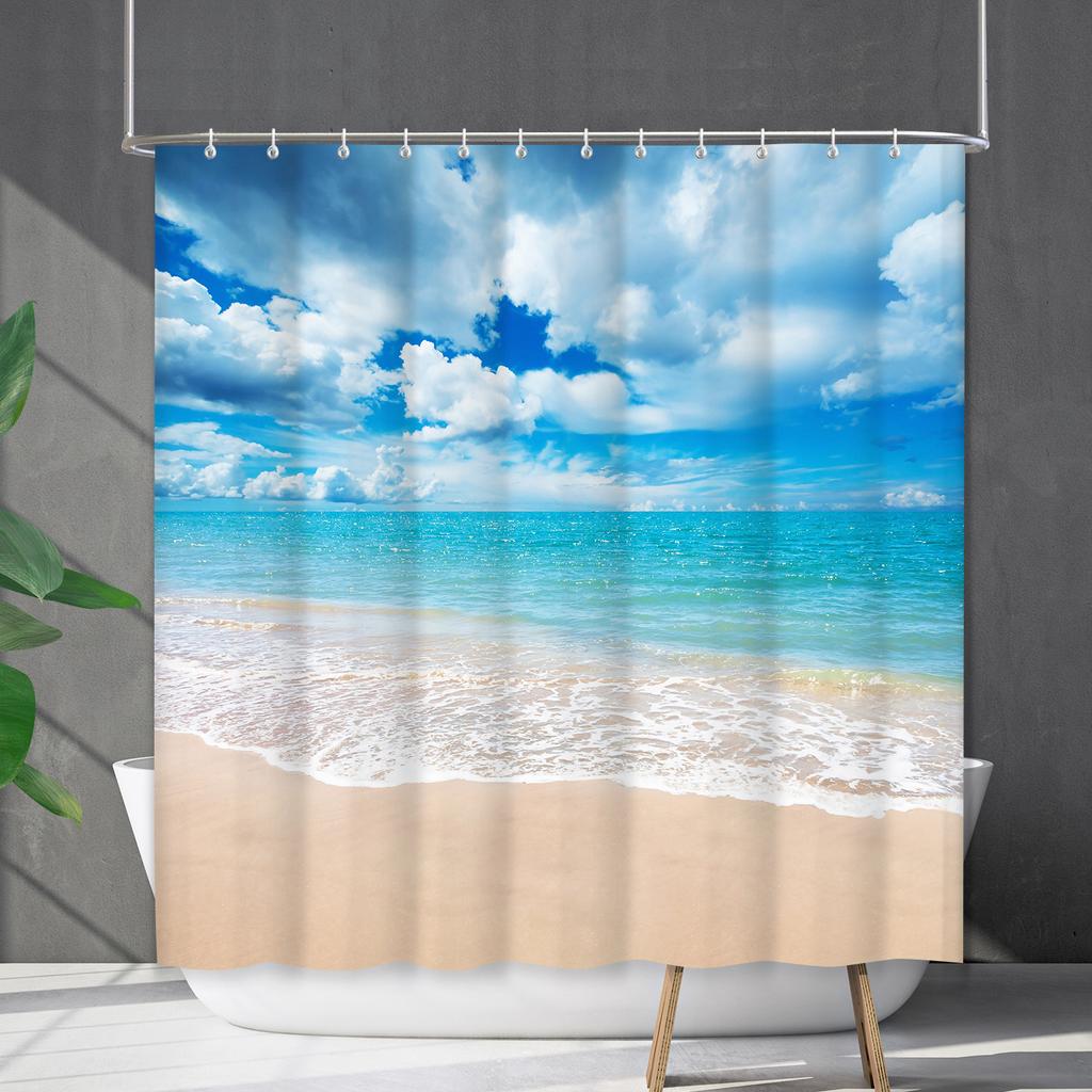 Shower Curtain Waterproof And Mildew-Proof Coconut Tree Beach Beach Bathroom Shower Curtain Shower Curtain Partition Curtain Free Punching