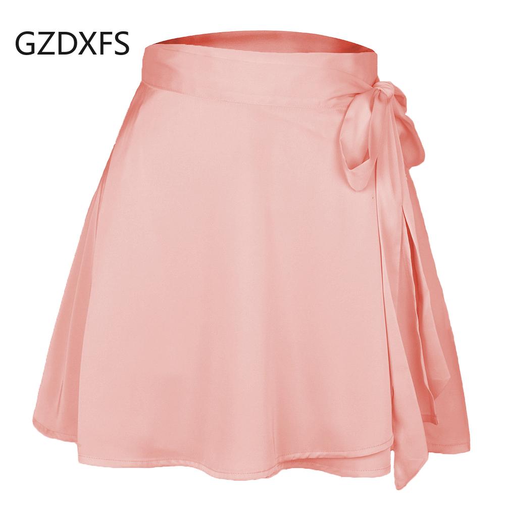 Сплошная цветная юбка с высокой талией, модная цельная короткая юбка на шнуровке, шифоновая атласная юбка с запахом