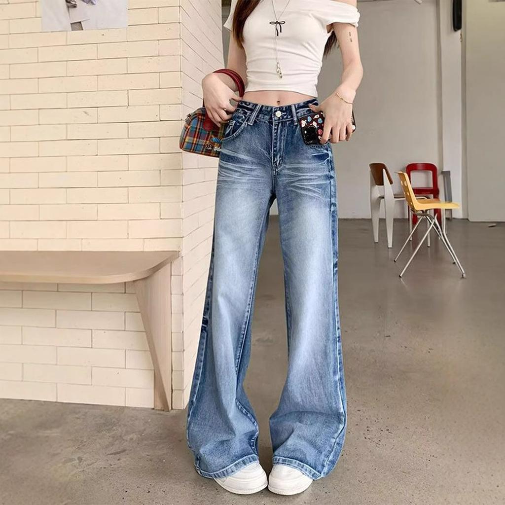 Vintage Washed Micro Flare Jeans Women High Waist Loose Thin Hundred Yards Straight Wide Leg Trailing Long Trousers Jeans for Women Long Denim Pants