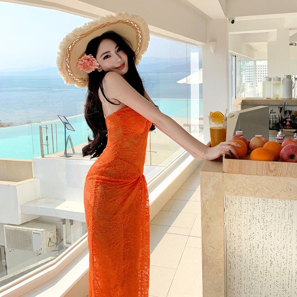 Thailand Sanya seaside vacation orange hollow lace hip wrap pleated tube top pure desire sexy dress beach dress